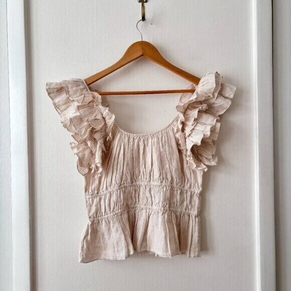 Ulla Johnson Paloma Ruffled Peplum Linen Top Neutral Sand - Picture 8 of 9